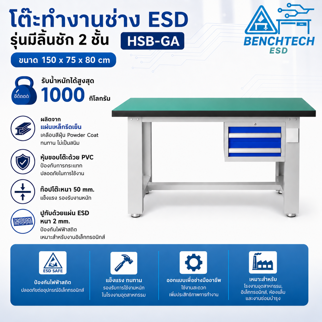 โต๊ะทำงานช่างอเนกประสงค์ESD 210x75x80 cm.มีลิ้นชัก2ชั้น HSB-210GA